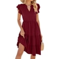 thumbnail image 4 of Women'S Summer Dress V Neck Short Sleeve Midi Sundress Flowy Tiered Beach Dresses with Pockets Wine Red M, 4 of 9