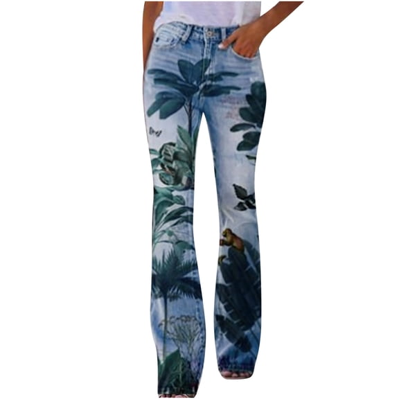 Owordtank Mid Waist Flare Pants Plus Size Floral Print Bell Bottom with Pockets Casual Pants Green 5XL