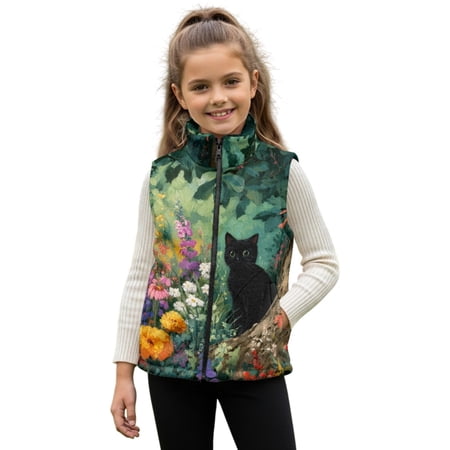 Xoenoiee Cat Daisy Flower Print Toddler Girls Vest Warm Winter Jacket with Full Zip Lightweight Sleeveless Coat Stand Collar Warm Vest for Kids Teens Size 3T