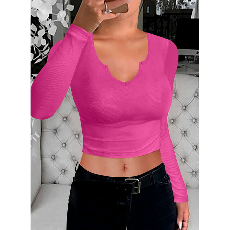 Vafful Women's Long Sleeve T Shirts Ribbed Sexy Basic V Neck Long Sleeve  Tee for Womens Slim Fit Solid Color Crop Top Hot Pink