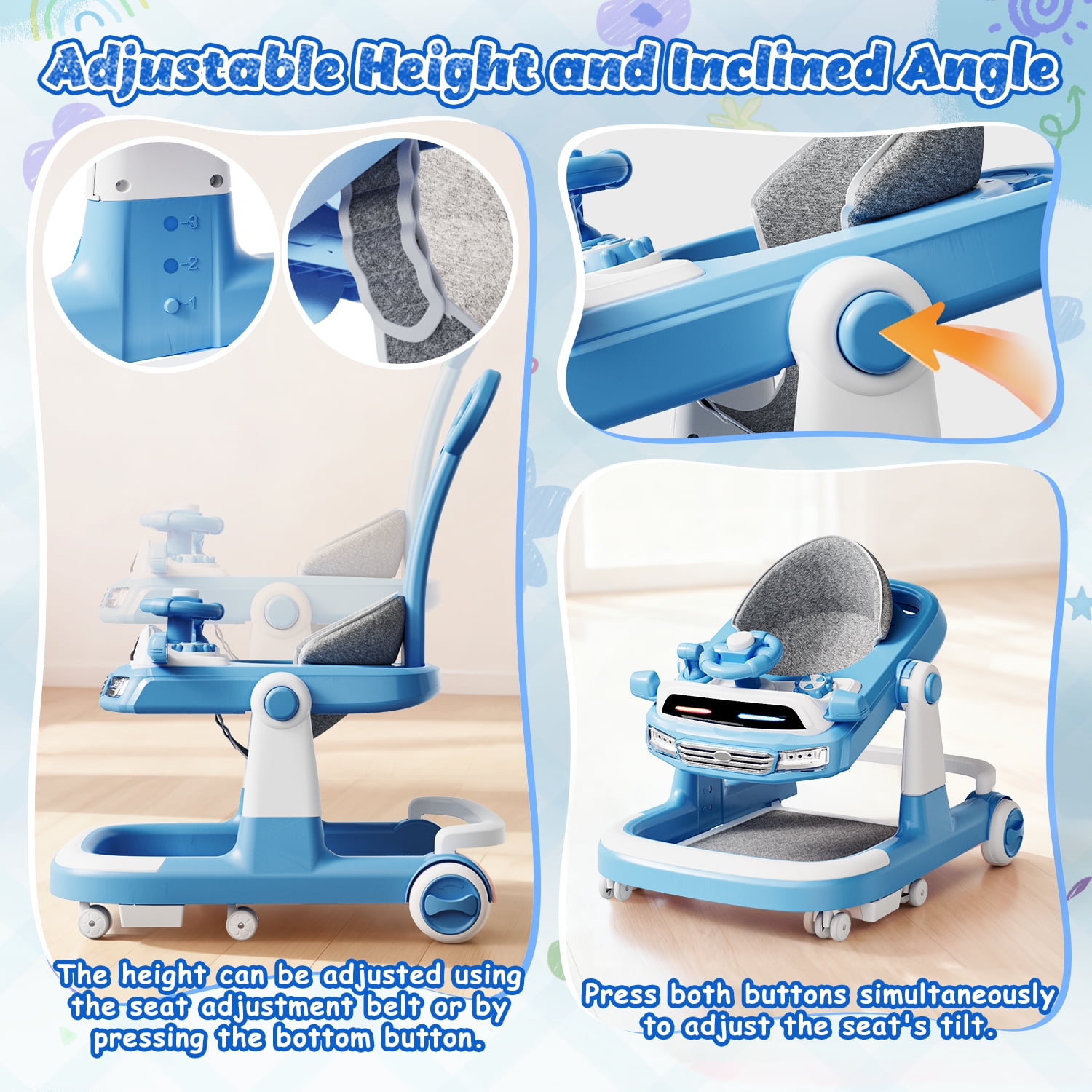 WonderStone 6 in 1 Baby Walker, Height-Adjustable Push Walker with Music & Light Toys, Baby Bouncer & Activity Center for Boys and Girls 6-18 Months (Blue)