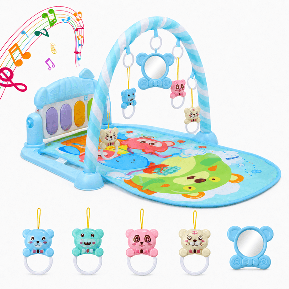 Lenbar Baby Play Mat Gym, Blue Infant Activity Playmat with Hanging Toys, Soft Padded Tummy Time Mat for Newborn to Toddler, Foldable & Washable Baby Gym