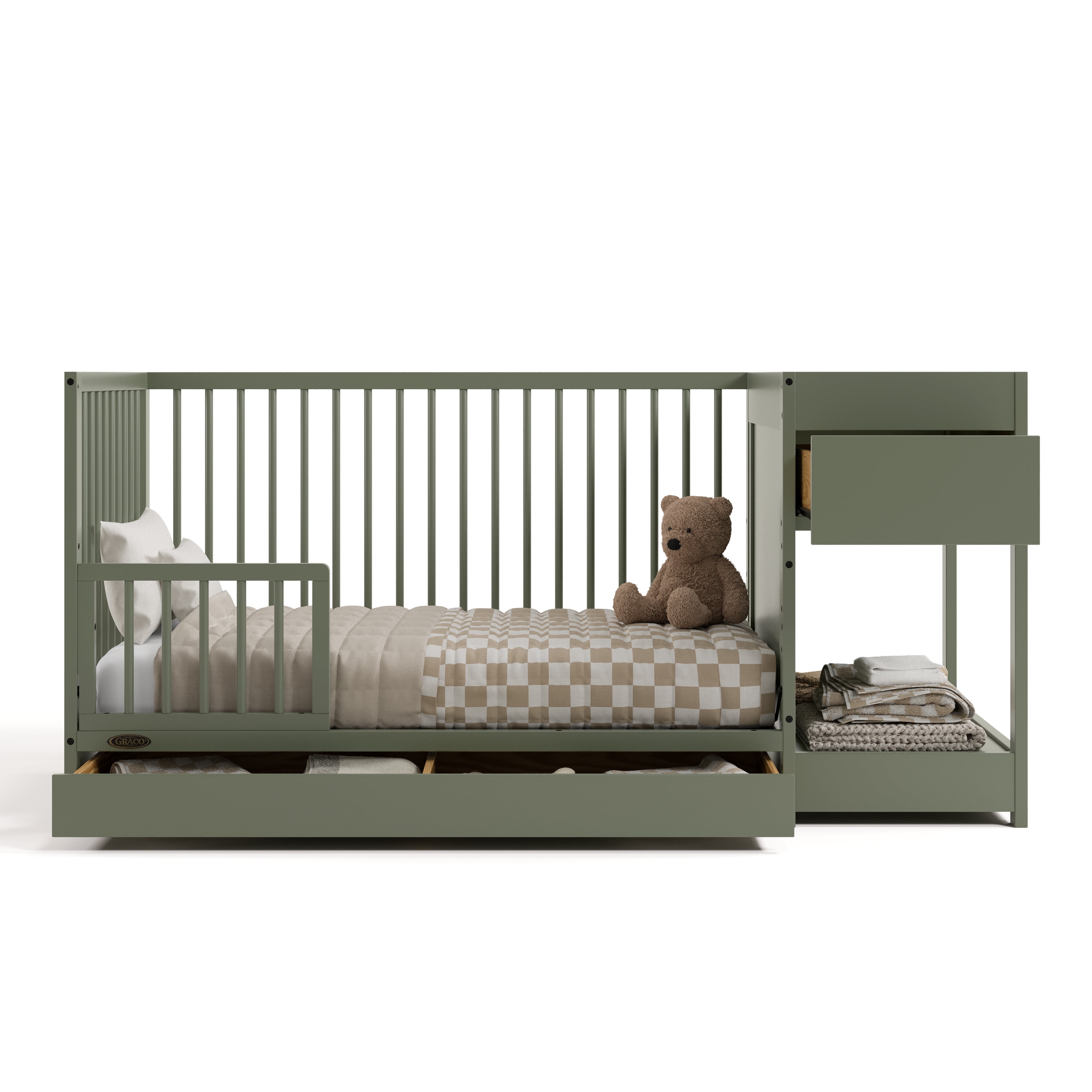 Graco Teddi 5-in-1 Convertible Baby Crib and Changer with Drawer, Olive