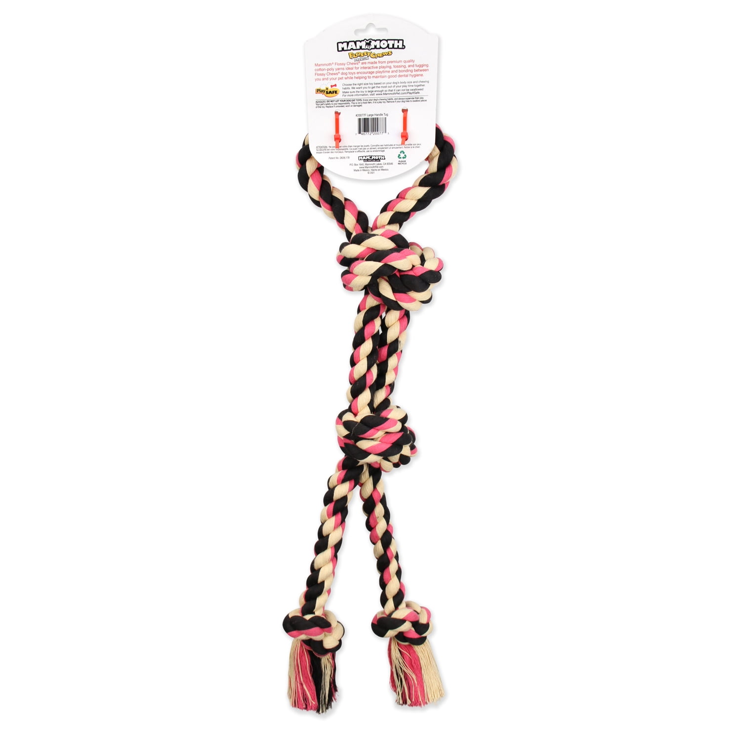 Mammoth Flossy Chews Cottonblend Twin Tug with Rubber Handle Rope Dog Toy, Large 24", Assorted Colors