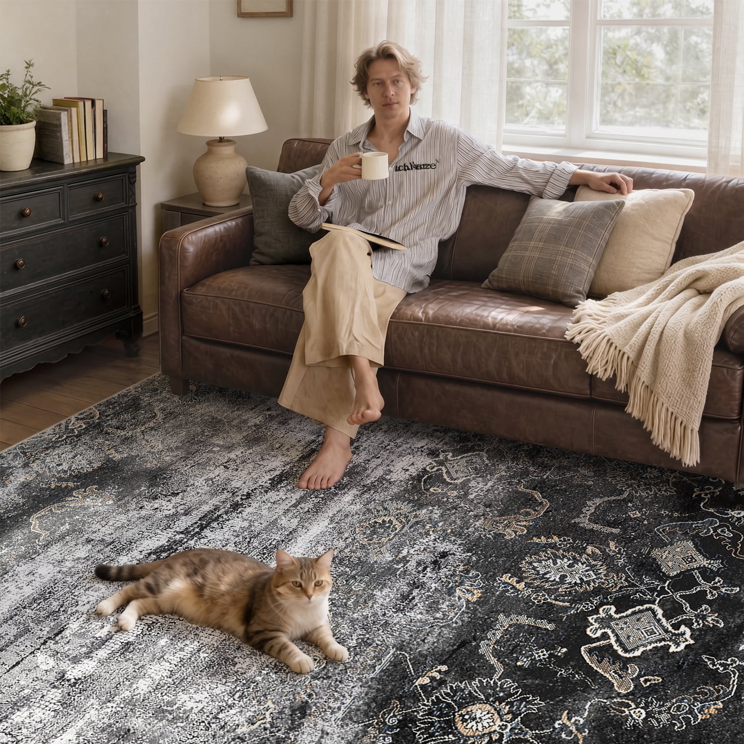 VUNATE 5'x7' Area Rugs for Living Room Machine Washable Rugs Abstract Vintage Distressed Indoor Rug Carpet Soft Lightweight Large Area Rug for Bedroom Dining Room Kitchen Nonslip Rug Black and Gray