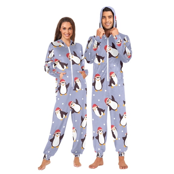 Adult Christmas Onesie Red Hat Penguin Pattern Zipper One-Piece Pajamas Unisex with Pockets