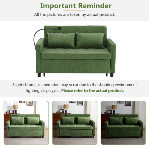 56.9" Loveseat Pull-Out Sofa Bed, Convertible Sleeper Sofa with Reversible Backrest, USB Ports & Phone Holder, Chenille Couch for Living Room, Green