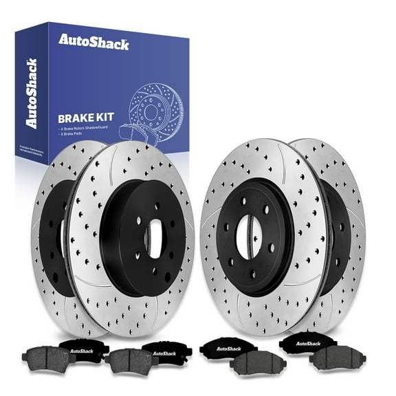 AutoShack Front & Rear Brake Rotors & Premium Pads for Nissan & Suzuki, Frontier 2005-2019 Equator 2009-2010, 4WD RWD L4 2.5L V6 4.0L - E-Coated Drilled & Slotted - ShadowGuard