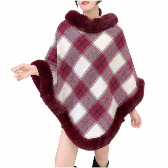 Pounoo Women's Fashion Plaid Shawl Fuzzy Fleece Collar Trim Warm Wrap Cape Fuzzy Soft Comfort Thermal Shawl Winter Outwear Gift