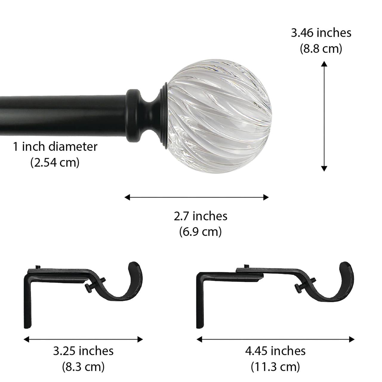 Better Homes & Gardens 1 in Adjustable Curtain Rod, 42-120 in, Clear Twisted Sphere Finials, Matte Black