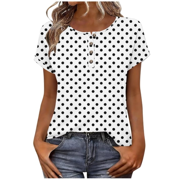 ZUKMRJPC Womens Summer Tops Short Sleeve Crewneck Polka Dot Button Down Pullover Tees Casual Loose Fit Basic Tunic Shirts