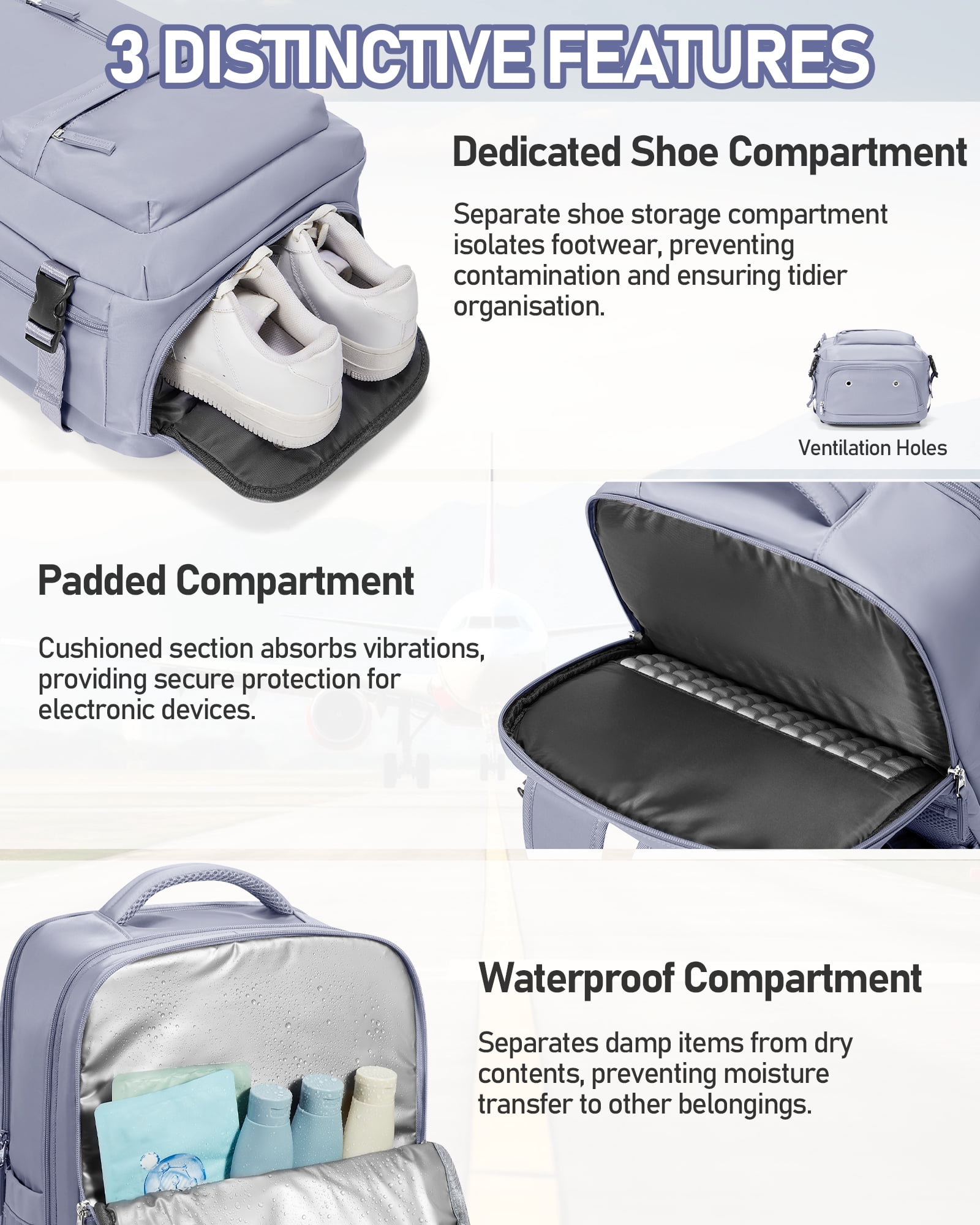 SYCNB Large Air Seal Travel Backpack for Men & Women, Airline Approved Vacuum Compression, Water-Resistant with Pump & Usb Port, 16 inch Laptop, Purple