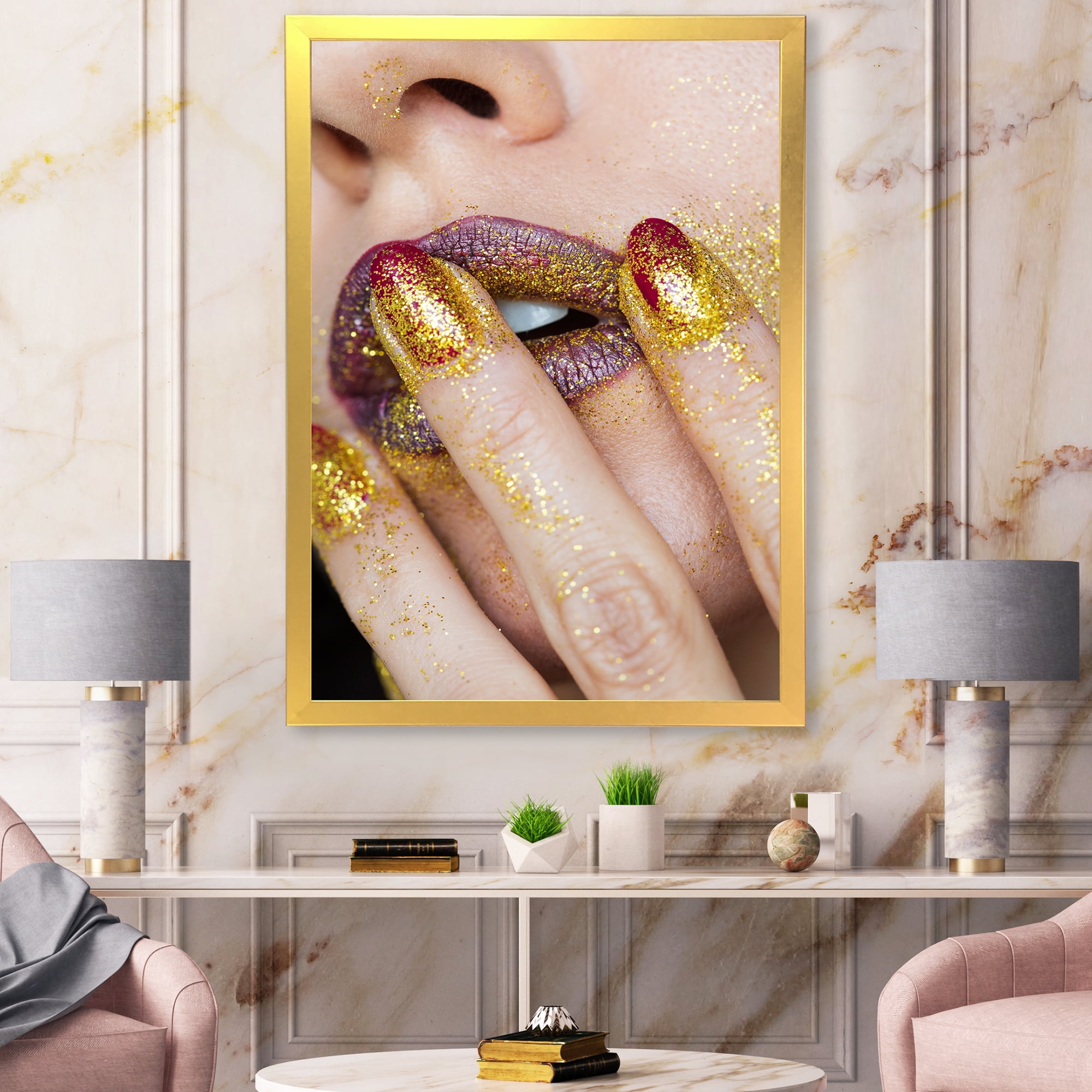 Designart 'Close-Up Of Woman Golden Gold Glitter Lipstick' Modern Framed Art Print