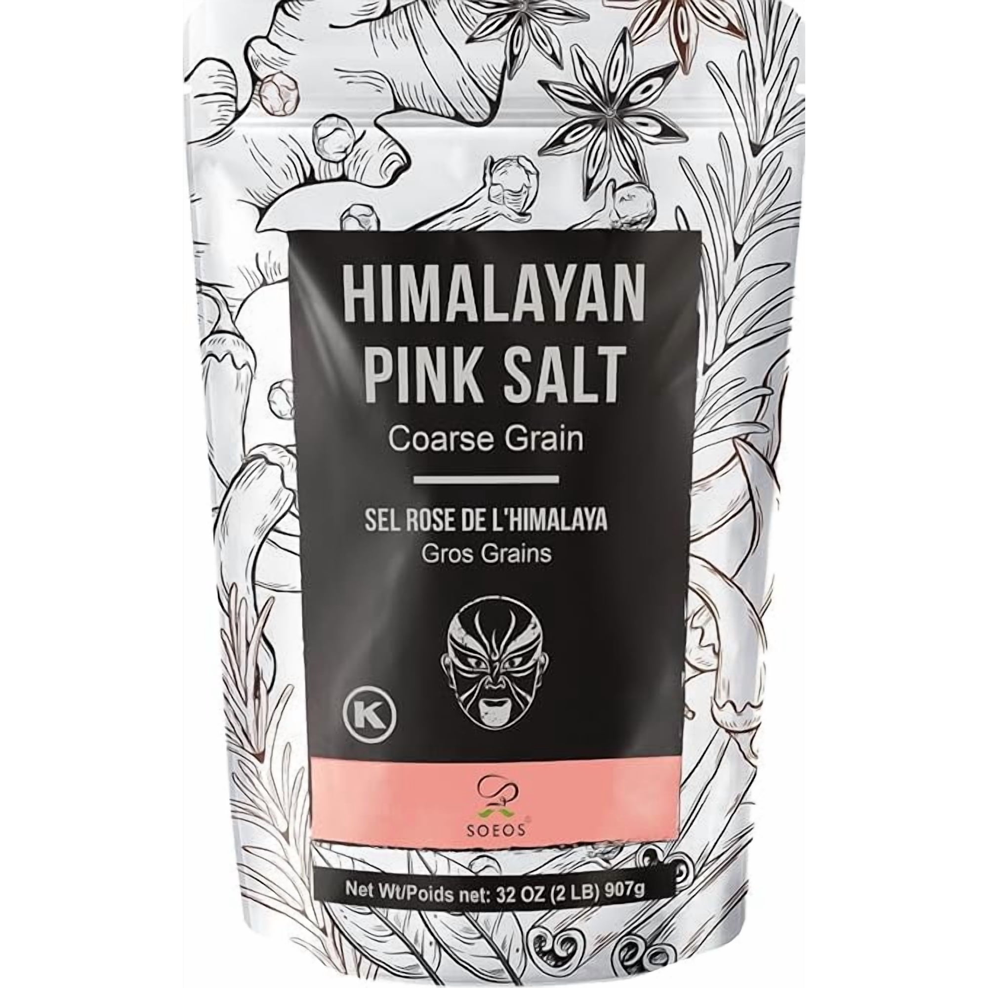 Soeos Himalayan Pink Salt, Coarse Grain, 2 lb (32 oz), Natural Pure Pink Rock Salt for Salt Grinder Refills, Cooking, Grilling, Brining & Seasoning