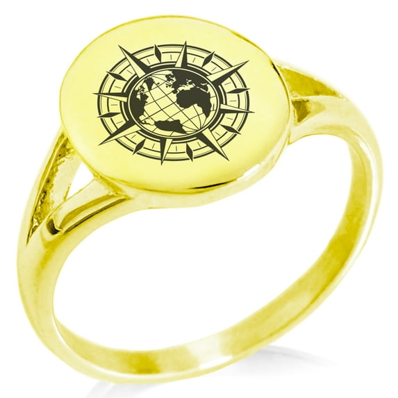 Stainless Steel Nautical Global Compass Minimalist Oval Top Polished Statement Signet Ring