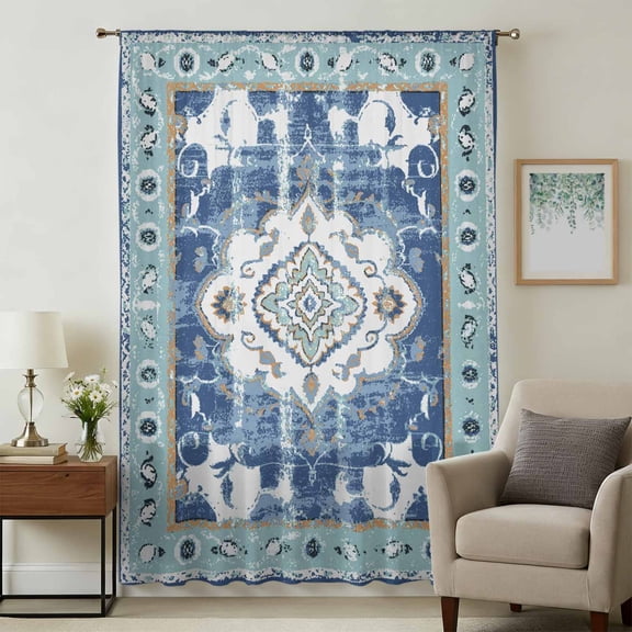 Blue Boho Sheer Curtains 96 Inches Long, Farmhouse Bohemian Medallion Oriental Flower Light Filering Curtains, Privacy Drapes Simi Floor to Veiling Curtain for Living Room Bedroom Window Treatment