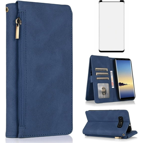 Asuwish Phone Case for Samsung Galaxy Note 8 Wallet Mobile Accessories Credit Cell Cover with Tempered Glass Screen Protector Flip Zipper Stand Card Holder Slot Note8 Not S8 Gaxaly Women Men Blue