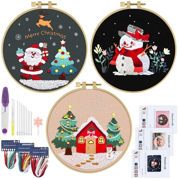 Kit de bordado ERKOON, 3 juegos de punto de cruz navideño de 20 cm