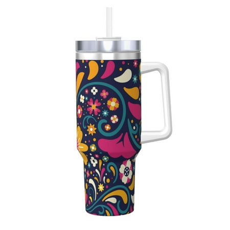 

Uemuo Cinco De Mayo Floral Print 40oz Ice Bully With Handle And Straw Stainless Steel Vacuum Insulated Cup And 2 In 1 Straw Lid Insulated Travel Tumbler