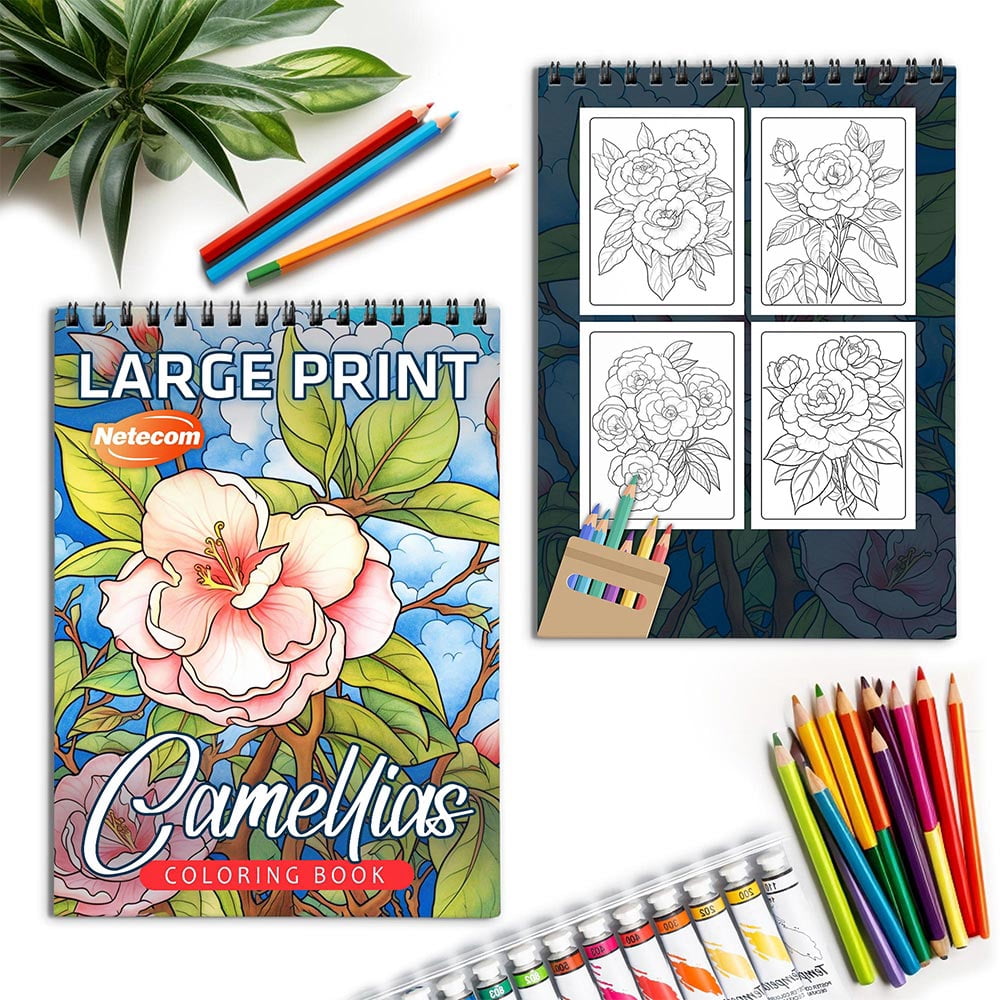 Netecom Large Print Camellias Coloring Book for Adults, Spiral Bound, Soft Cover