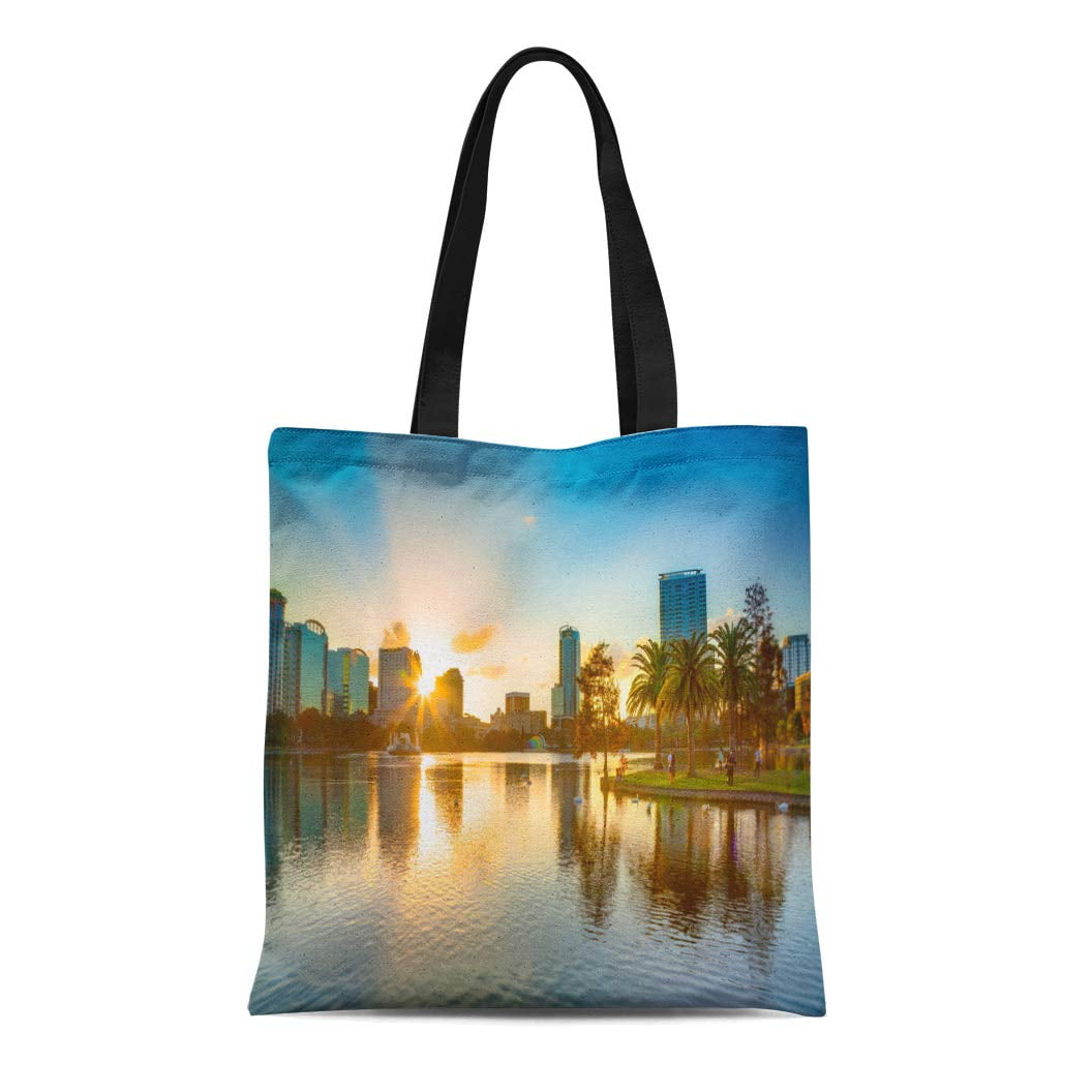POGLIP Canvas Tote Bag Skyline Sunset at Orlando Florida Lake Downtown Eola City Durable Reusable Shopping Shoulder Grocery Bag Walmart
