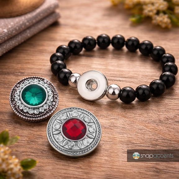 Snap Jewelry Set - 2 Snap Charms, 1 Black 6.5 in. Bracelet Bundle, Fits 18MM 20MM Ginger Charm Buttons