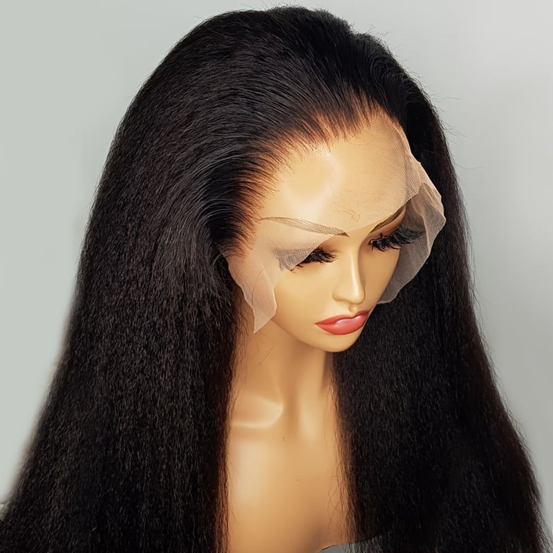 Glueless 30 Inch Kinky Straight Natural Black Yaki Synthetic Hair 180%Density|Lace Front Wig | Preplucked Baby Hair & Heat Resistant | Daily Wig for Women)