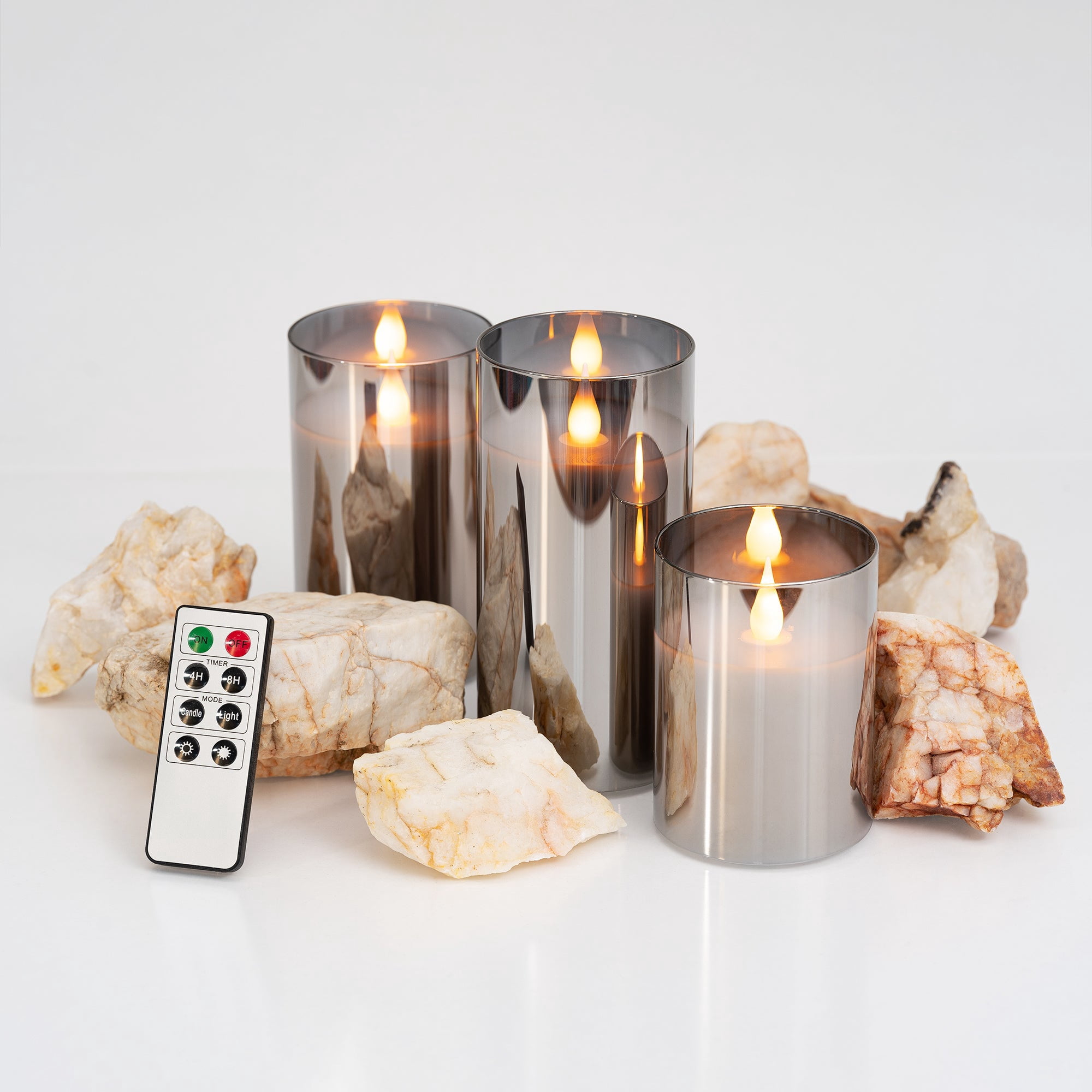 LED METALLIC MIRRORED GLASS FLICKERING FLAMELESS CANDLES - SET OF 3 (4" 5" 6") WITH REMOTE CONTROL