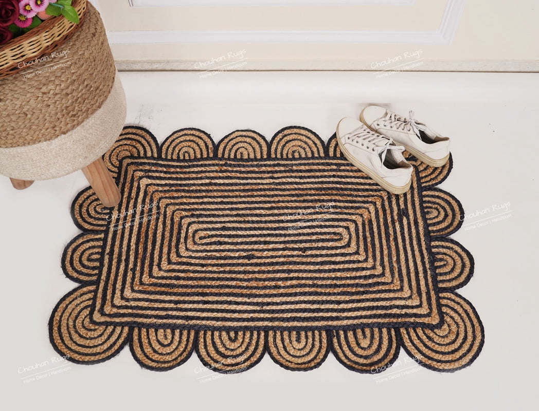 Rectangle Rug Natural Jute Rug Hand Braided Beige and Navy Blue Color Area Rug
