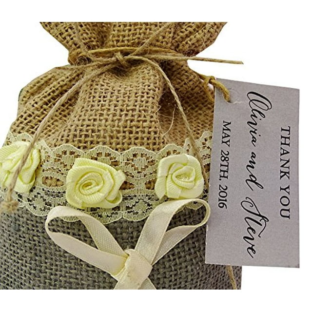20 Wedding Small Burlap Favor Bags Rustic Party Favor Sack Jute Drawstring Bag Pouches With Custom Tag 4"x6.5" inches