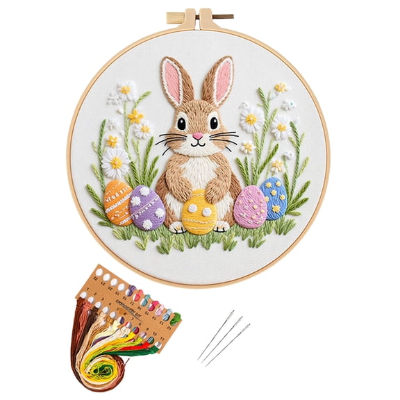 Easter Bunny Embroidery DIY Kit, Beginner-Friendly Cross-Stitch Set with Hoop & Tools, Printed Pattern Rabbit & Egg Design Craft Kit, Ideal for Holiday Decor & Handmade Gifts