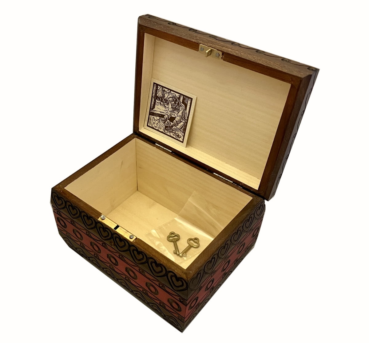 HEARTS Burned Chest Box w/ Lock & Key Handmade Linden Wood Jewelry Heart Keepsake Box from Poland