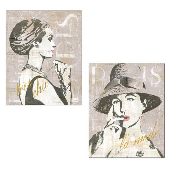 Trendy Black, Taupe and Gold Vintage Paris Fashion Week Prints by Sue Schlabach; Two 11x14in Unframed Paper Posters