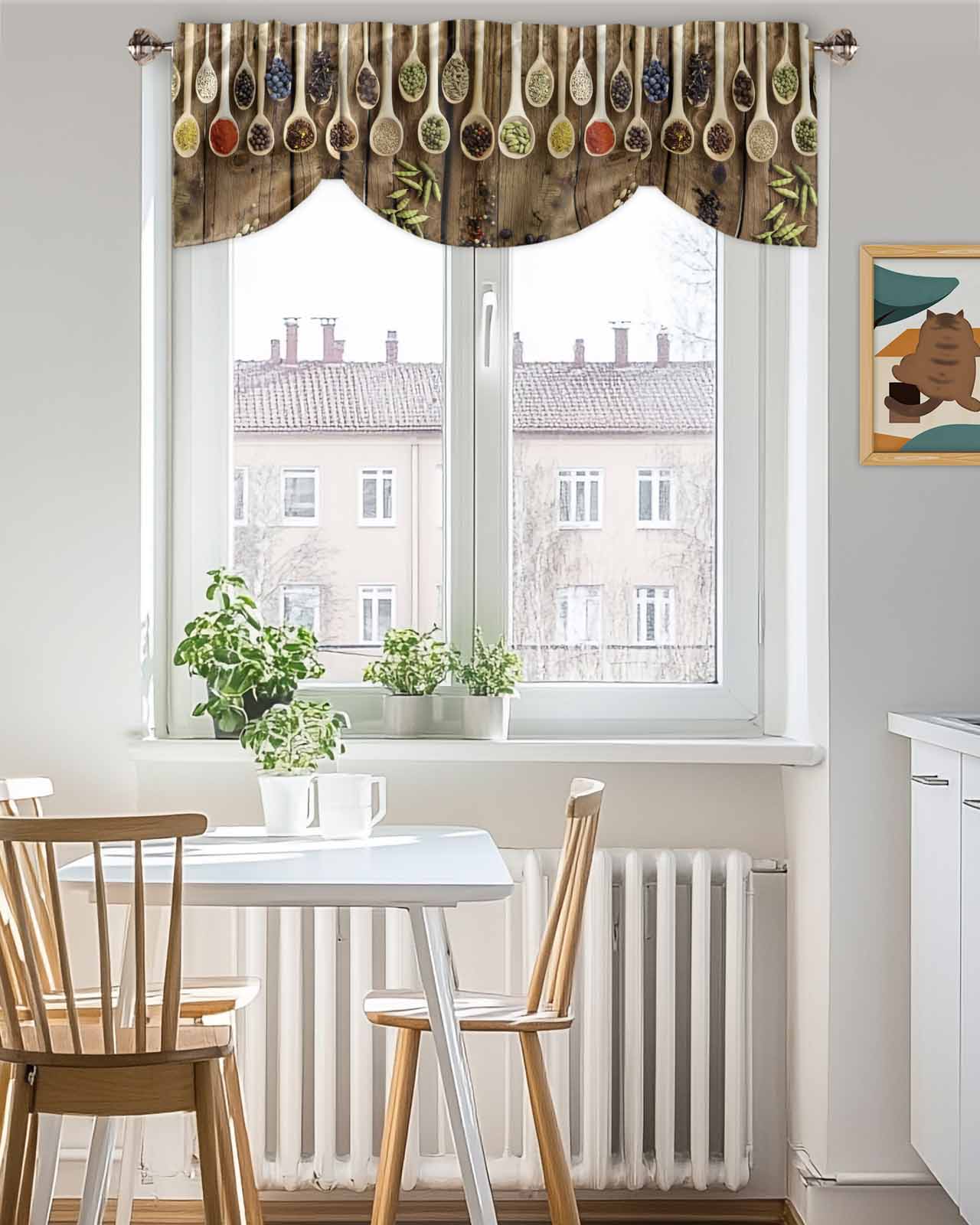 Kitchen Spices Curry Tie Up Valances Curtain, Adjustable Kitchen Chilli Pepper Wood Farmhouses Valances for Windows Decor, Rod Pocket Short Curtains Set for Bedroom/Bathroom, 60"x18"