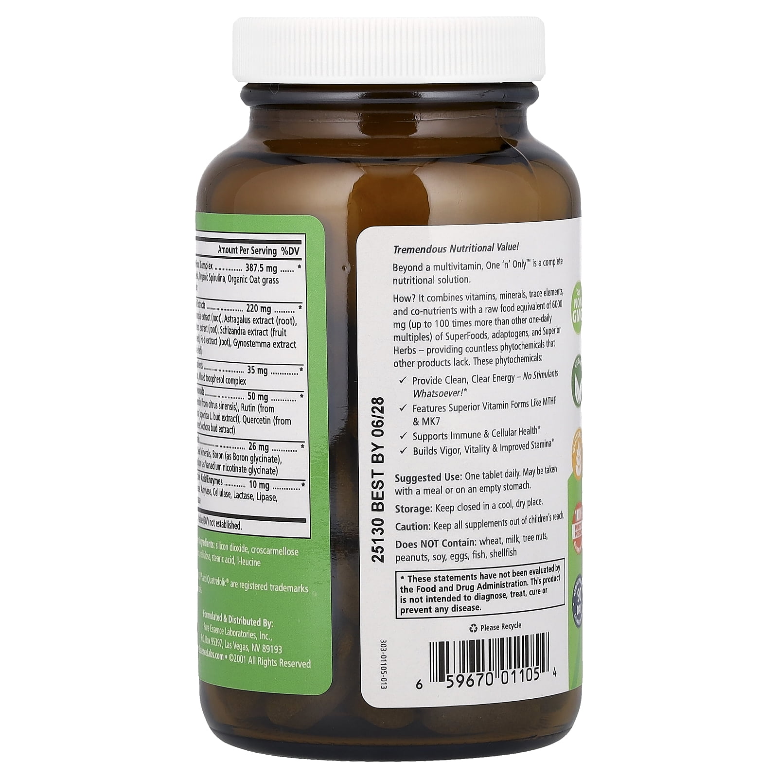 One N Only Multivitamin - One a Day Whole Food Supplement with Superfoods, Minerals, Enzymes, Vitamin D, D3, B12, Biotin by Pure Essence - 90 Tablets