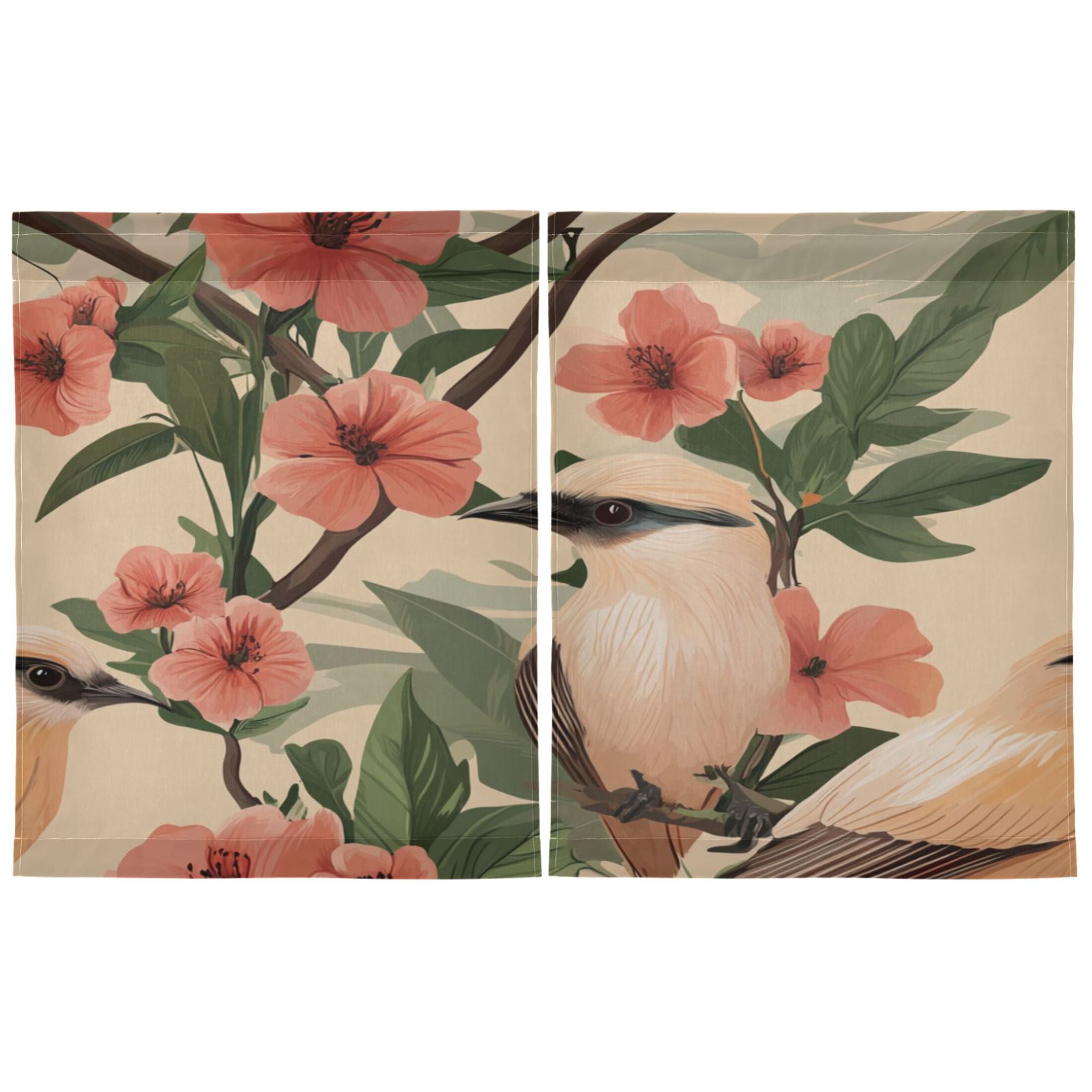 Charming Birds and Flowers 27"x36" Linen Look Cafe Curtain Set with Privacy and UV Protection