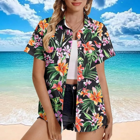 Ayolanni Tunic Shirts for Women Hawaii Short Sleeve Button-Up Shirts Ladies Tops L