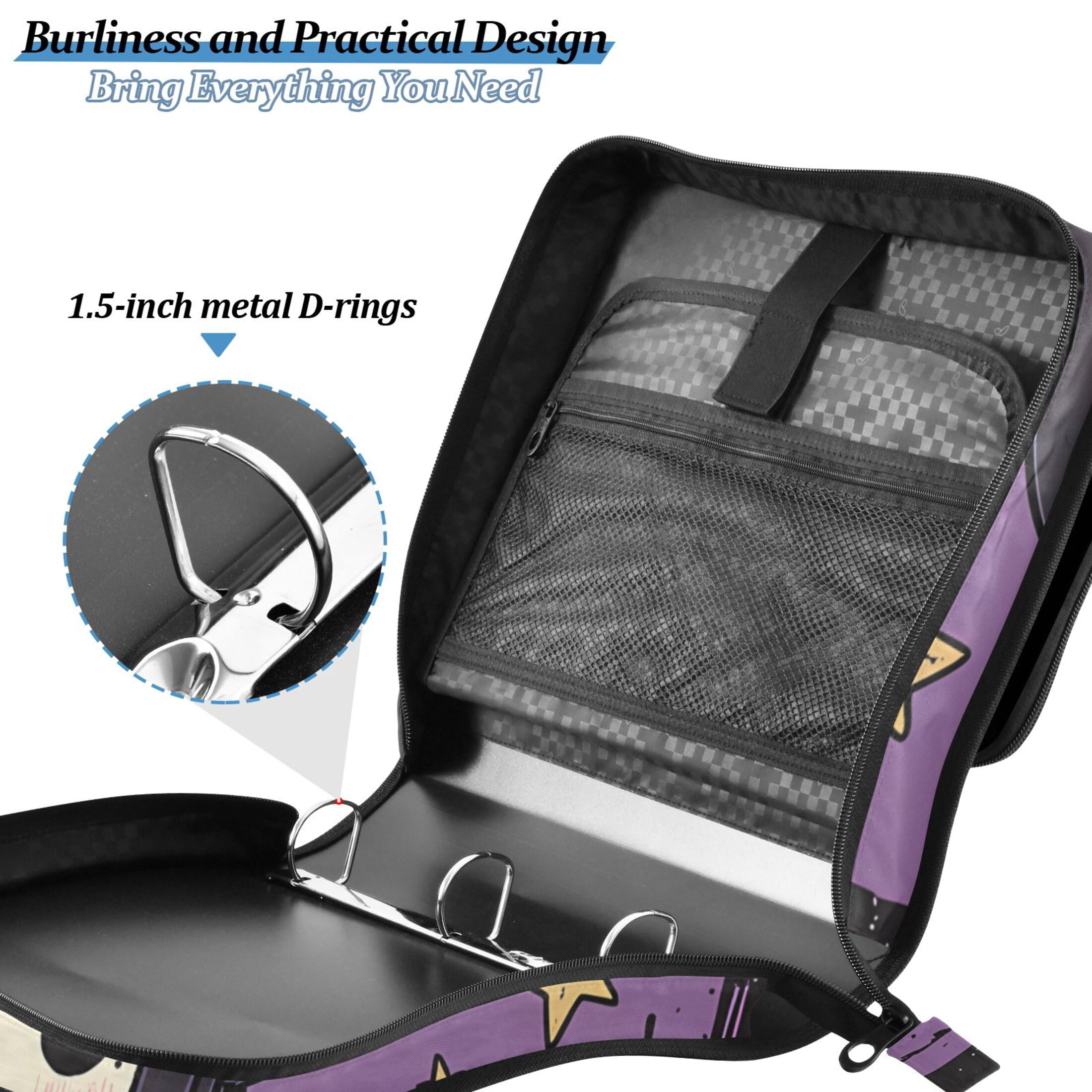 3 Ring Zipper Binder with Shoulder Strap Waterproof Trapper Keeper 2 Inch D-Ring 500 Sheets Capacity Cute Witch Tombstones Star