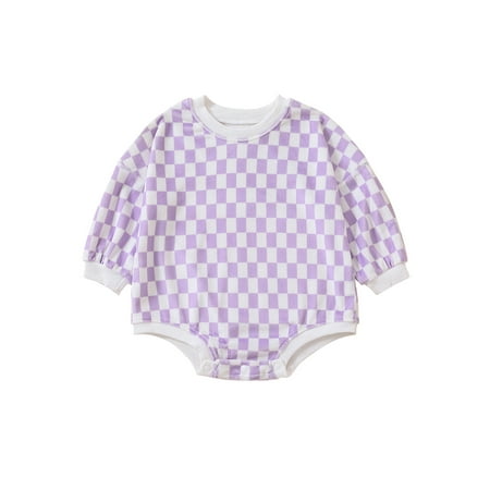 

Gureui Kids Baby Boys Girls Autumn Jumpsuit Checkerboard Print Long Sleeve Crew Neck Snap Romper