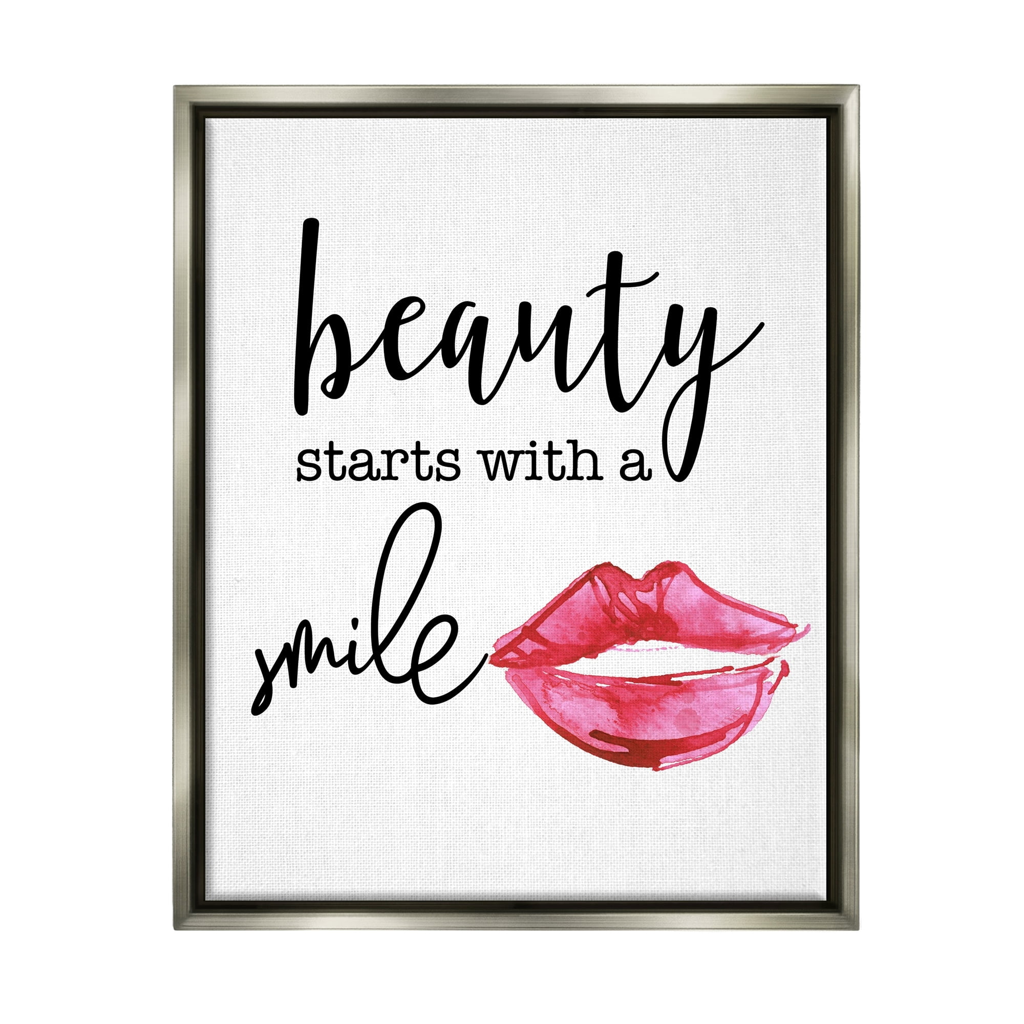 Stupell Industries Beauty Starts With Smiling Chic Lipstick Lips Design Graphic Art Luster Gray Floating Framed Canvas Print Wall Art, Design by Daniela Santiago