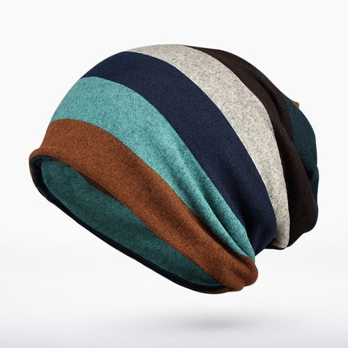 Women Striped Slouchy Beanie Cap Oversized Soft Hat Neck Scarf Warmer Multi-Use