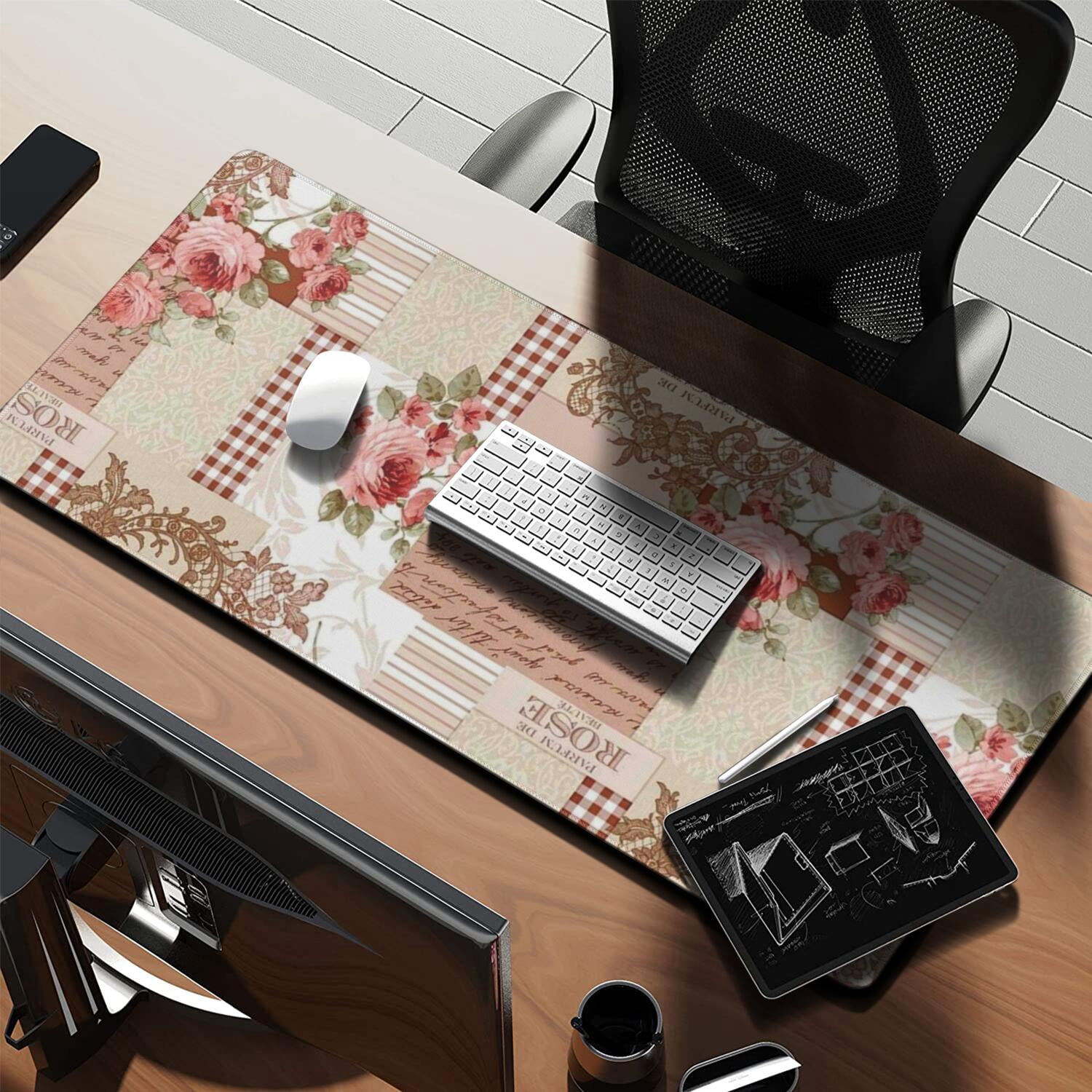 Long Mouse Pads for Desk,Pioneer Flower Floral Print Pattern Desk Mats on Top Of Desks, Desk Mouse Pad Extra Large with 3mm Non-Slip Base and Stitched Edge for Gaming,Office,Work,Home 35.4"x15.7"