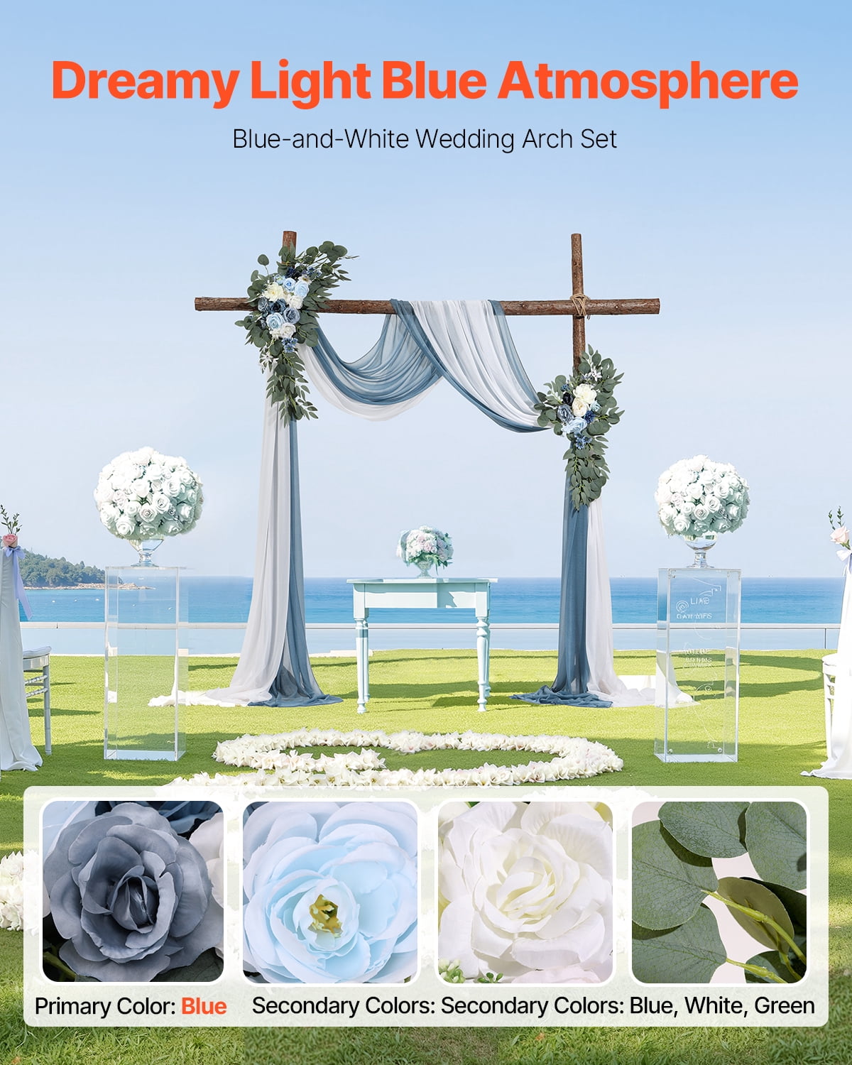 VEVOR Artificial Wedding Arch Flowers Kit, Blue Wedding Arch Flowers with Drapes Kit (Pack of 4) - 2 Pcs Floral Arrangement, 2 Pcs Sheer Drapes, for Ceremony Bouquets Reception Backdrop Decoration
