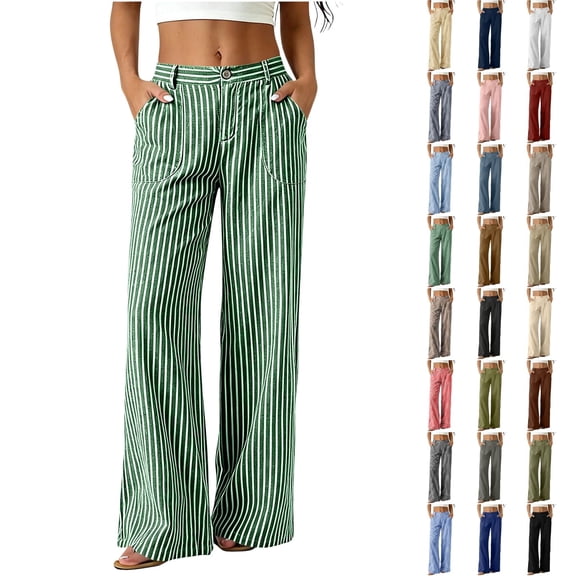 QINGFSAP Womens Striped Button Zip Front Wide Leg Casual Pants Elastic Back Waist Lightweight Linen Blend Solid Pocket Long Trousers