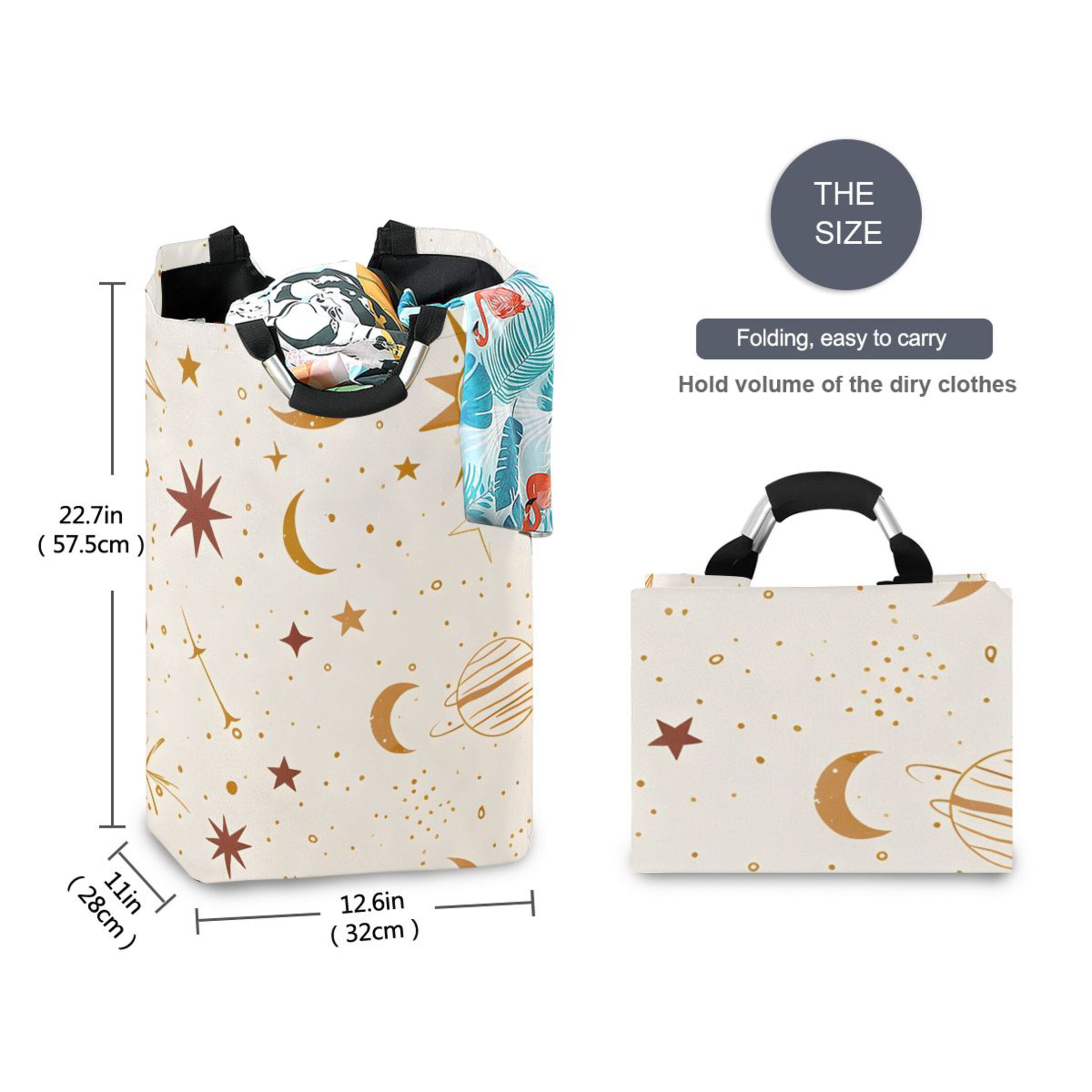 Moon Sun Stars and Planets Laundry Basket with Handles Foldable Laundry Hamper Freestanding Washing Bin 50L