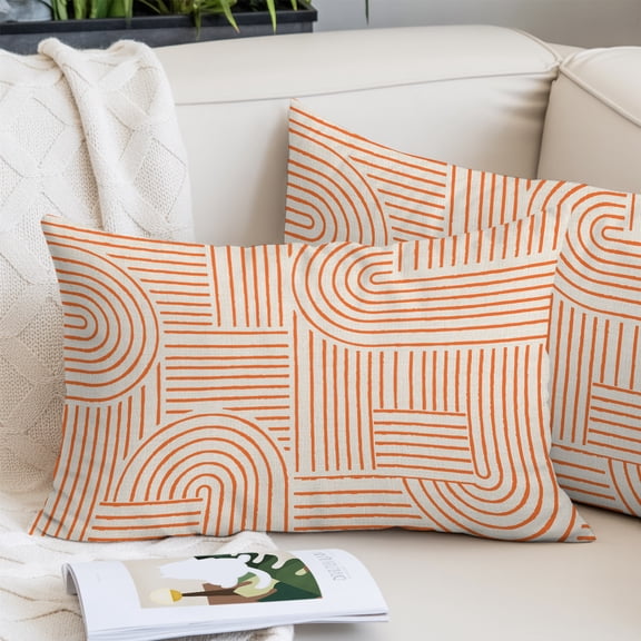 Orange Boho Standard Size Pillow Cover, Pillowcase Protectors with Zipper, Breathable Decorative Throw Pillow Case Cover, Abstract Geometric Curves Lines Modern Pillow Shams for Couch Sofa 20x26Inch