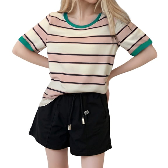 DHFJKG Womens Tops Striped Color Block Short Sleeve T Shirts Crewneck Casual Loose Fit Basic Tee Shirt Summer Stylish Tops