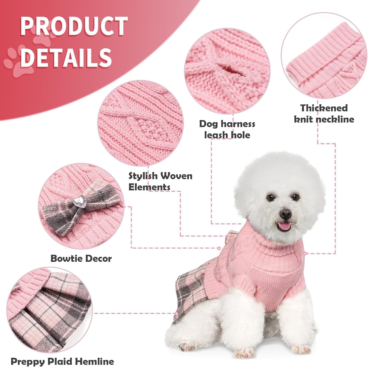 Girl Dog Sweater Dress with Bowtie Turtleneck Small Dogs Sweater with Leash Hole, Knitted Small Dog Sweaters Dress Puppy Winter Clothes for Yorkies Chihuahua (Large, Pink)