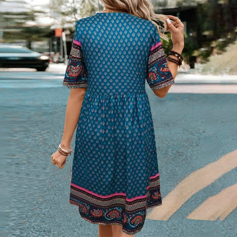 Short Sleeve Bohemian Knee Length Dresses Women's Summer Boho Floral Print  Midi Dress Short Sleeve