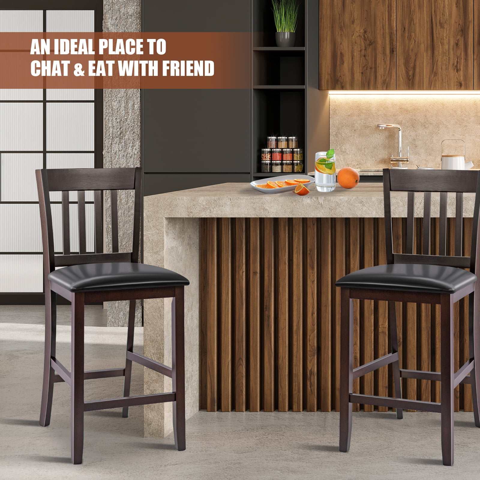 Topbuy Set of 2 Bar Stools Counter Height Pub Chairs w/ PU Leather Seat&Rubber Wood Legs